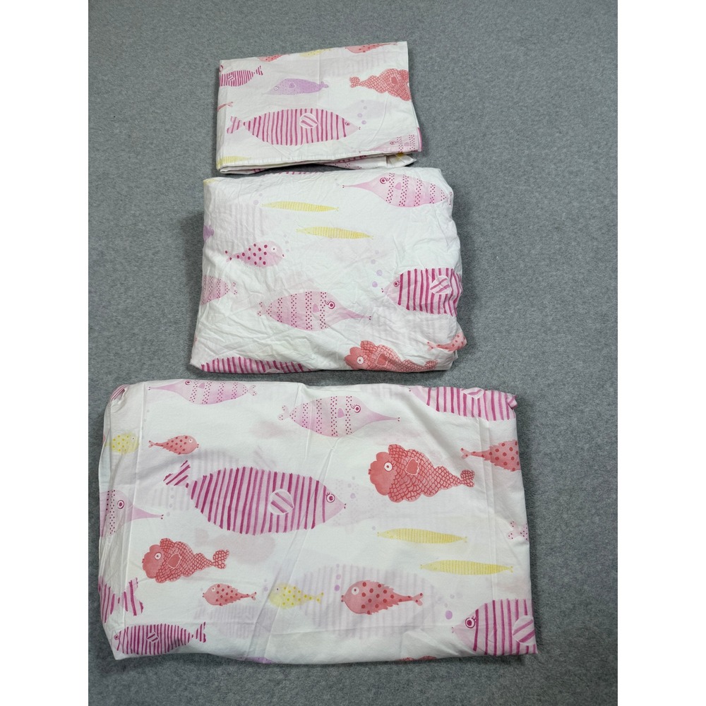 Pottery Barn Kids Full Sheet Set 3pc Pink Fish Cotton Flat Fitted Pillow